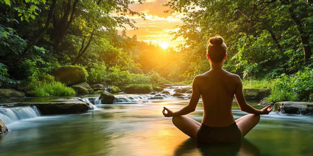 Person meditating in nature during sunrise, exuding tranquility.