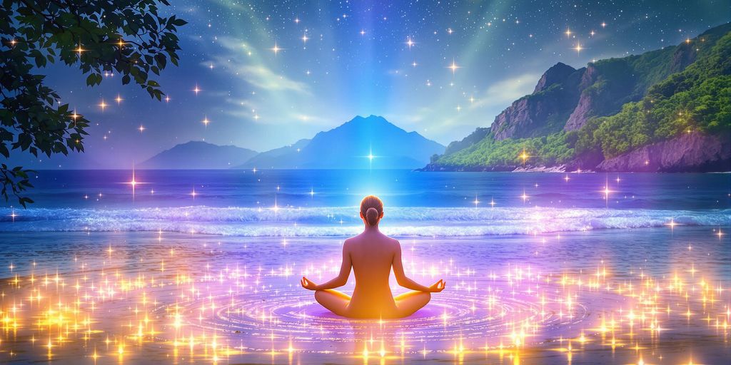 Person meditating in a peaceful, illuminated nature setting.