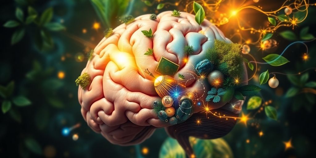 Vibrant brain with nature and wealth elements intertwined.