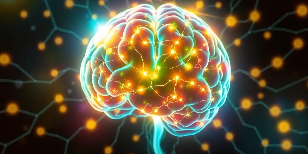Glowing brain with neural connections and shimmering orbs.